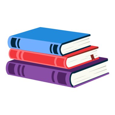Üç renkli kitap yığını vektör illüstrasyonu. Düzenli olarak dizilmiş çeşitli renkler, eğitim, kütüphane veya temalı tasarımlar için ideal kitaplar