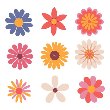 Soyut çiçekler. Spring Flora 'nın en iyi manzarası. Beyaz arkaplanda düz vektör çizimi. Doğa temalı tasarımlar ve dekoratif öğeler için ideal.