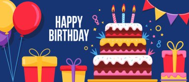 Doğum günü vektör tasarım şablonu. Balonlu, konfetili ve pastalı şenlikli illüstrasyon, davetiyeler, tebrik kartları ve kutlama temaları için mükemmel..