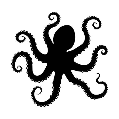 Beyaz arka planda siyah ahtapot silueti. Deniz yaşamı tasarımları, okyanus temaları ve su projeleri için vektör ikonu ideali. Logolar ve çizimler için mükemmel