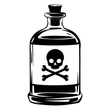 Çapraz kemik etiketli zehir şişesi. Kafatası ve çapraz kemikli zehirli bir kimyasal şişenin vektör simgesi. Oyunlar, web siteleri ve tehlikeli madde kavramları için ideal.