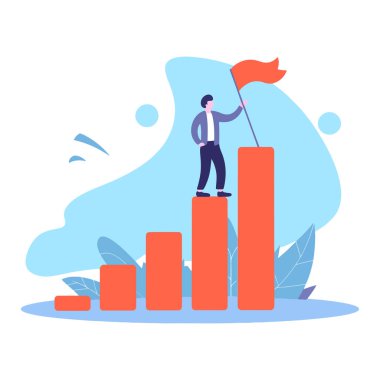 İşadamı Büyüme Çubuğu Grafiği 'nden Kazanan Bayrağa Tırmanıyor. Başarı, başarı ve iş büyüme kavramlarını temsil eden düz vektör illüstrasyonu