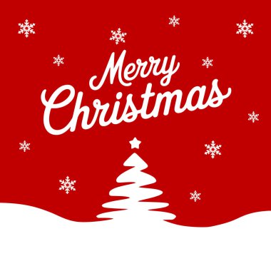 Kırmızı arka plan, kar ve bayram unsurları olan Noel tebrik kartı. Mevsimlik kutlamalar ve neşeli dilekler için mükemmel..