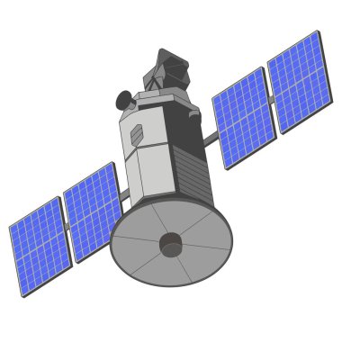 Uzayda iletişim uydusu, sinyaller gönderiyor. Beyaz arkaplanda izole vektör çizimi.