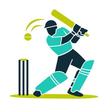 Kriket oyuncusu silueti logosu tasarım vektör çizimi. Dinamik vurucu sopayı sallıyor. Takım markalaşması, turnuvalar ve spor grafikleri için ideal..