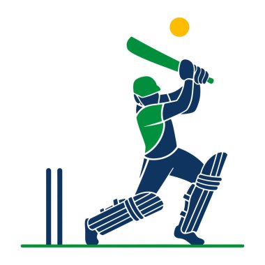Kriket oyuncusu silueti logosu tasarım vektör çizimi. Dinamik vurucu sopayı sallıyor. Takım markalaşması, turnuvalar ve spor grafikleri için ideal..