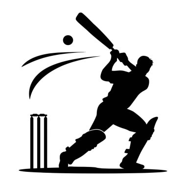 Bir kriket vurucusunun silueti güçlü bir vuruşu gerçekleştiriyor. Dinamik duruş hareketi ve hassasiyeti yakalar. Spor grafikleri, takım logoları ve turnuva tasarımları için mükemmel.