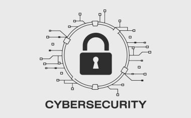 Devre planlı siber güvenlik teknolojisi. Veri koruması, internet güvenliği ve kişisel bilgi güvenliğinin yer aldığı fütüristik yüksek teknoloji soyut geçmişi. Vektör illüstrasyonu.