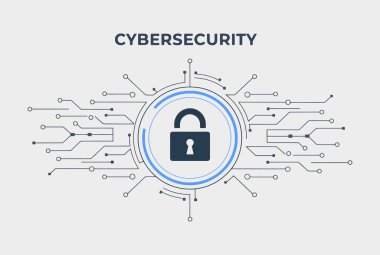 Devre planlı siber güvenlik teknolojisi. Veri koruması, internet güvenliği ve kişisel bilgi güvenliğinin yer aldığı fütüristik yüksek teknoloji soyut geçmişi. Vektör illüstrasyonu.