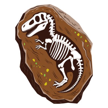 Kayadaki dinozor iskeleti. Bir Tyrannosaurus rex kalıntısının karikatür vektörü, kahverengi taşın içine gömülü bir iskelet yapısı. Tarih öncesi, bilim ve paleontoloji temalı tasarımlar için ideal..