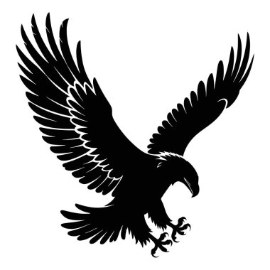 Geniş kanatlı, güçlü ve dinamik bir duruş sergileyen kartal silueti vektör çizimi. Beyaz arkaplanda izole edilmiş, logolar ve grafik tasarımlar için ideal.