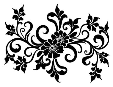 Karmaşık siyah çiçek unsurları içeren zarif bir çiçek tasarımı dekoratif vektör sanatı ve çiçek temalı projeler için idealdir.