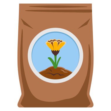 Gübre torbası düz ikon vektör çizimi. Bitki sembollü basit bir çuval tasarımı, tarım besinlerini ve bahçe malzemelerini temsil ediyor. Beyaz arkaplanda izole.