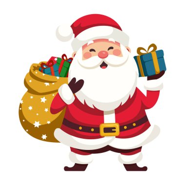 Noel Baba İllüstrasyonu. Sevimli Noel Baba 'nın elinde bir çuval dolusu hediyeyle durduğu düz bir vektör. Çocuk tasarımları, tatil temaları ve festival projeleri için mükemmel..