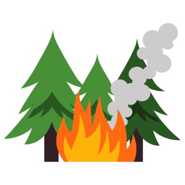 Düz dizaynlı dumanlı orman yangını. Beyaz bir arka planda, çevresel felaketi ve orman yangını temalarını temsil eden bir resim. Farkındalık ve eğitim materyalleri için ideal.