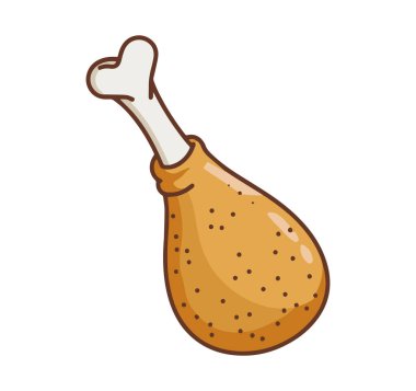 Kızarmış iştah açıcı tavuk budu çizgi filmlerdeki çocuksu tarzda. İzole edilmiş tuhaf kümes hayvanları beyaz arka planda tırmanıyor. Tatlı yemek baskıları ve tasarım projeleri için mükemmel.