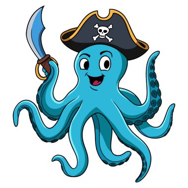 Korsan şapkası takan komik mavi ahtapot korsanı beyaz arka planda izole edilmiş çizgi film karakteri. Deniz temalı çocuk tasarımları, baskılar, posterler, çıkartmalar ve kartlar için mükemmel..