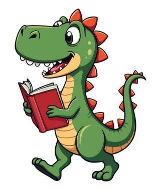 İçinde zekice bir alıntı olan kitapları tutan mutlu dinozor çizgi filmi. Tişört tasarımları ve talep üzerine baskı ürünleri için mükemmel, eğlenceli ve eğitici bir tema sergiliyor