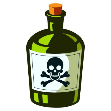 Kafatası etiketli zehir şişesi. Yeşil sıvıyla doldurulmuş mantar tıpalı cam şişe. Bir kafatası ve çapraz kemikler tehlike uyarısı yapar. Zehirli ve iksir temaları için vektör illüstrasyonu.