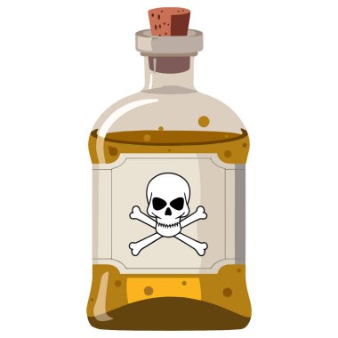 Kafatası etiketli zehir şişesi. Sarı zehir ve baloncuklarla dolu cam şişe, kafatası ve çapraz kemik uyarısı içeriyor. Zehirli ve tehlikeli kavramlar için izole vektör çizimi.