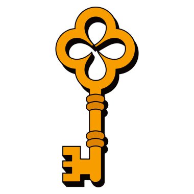 Altın rengi anahtar beyaz arka planda izole edilmiş. Detaylı tasarımı olan vektör karikatür çizimi