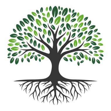 Yeşil ağaç illüstrasyonunda yemyeşil yapraklar ve görünür kökler var. Doğa, ekoloji ve çevre kavramları için mükemmel..