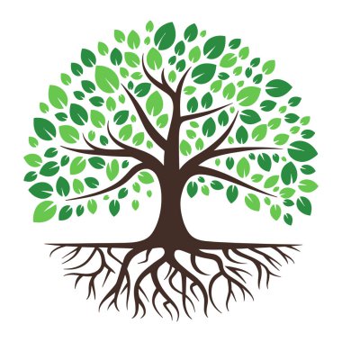 Yeşil ağaç illüstrasyonunda yemyeşil yapraklar ve görünür kökler var. Doğa, ekoloji ve çevre kavramları için mükemmel..