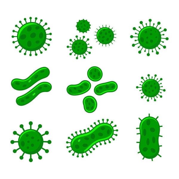 Green bacteria and germs vector set isolated on white background. Collection of various microbe shapes and designs, perfect for science, biology, or medical themes.