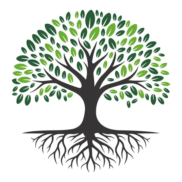 Yeşil ağaç illüstrasyonunda yemyeşil yapraklar ve görünür kökler var. Doğa, ekoloji ve çevre kavramları için mükemmel..