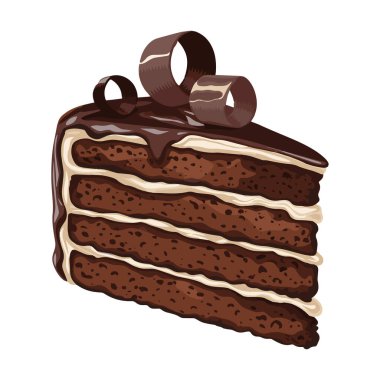Katmanlı çikolatalı kekin kremalı ve talaşlı çizimi. Beyazda izole edilmiş gerçekçi bir dilim çizimi. Tatlı temaları ve yemek tasarımları için ideal.