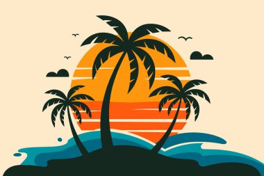 El çizimi elementlerle tropik ada çizimi. Huzurlu günbatımı, palmiye ağaçları ve okyanus dalgaları. Yaz posterleri ve kartlar için mükemmel..