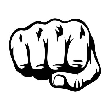 Cesur ve dinamik bir şekilde elle yumruk gösterimi. Kuvvetli sıkılmış yumruk, gücü ve darbeyi simgeliyor. Beyaz bir arka planda izole edilmiş. Vektör illüstrasyonu.