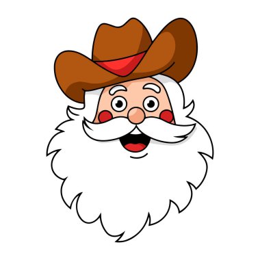 Eski moda Noel Baba kovboy şapkası takıyor ve Noel temalı. 70 'lerin stil Noel Baba çizimi, bayram tasarımları ve mevsimlik dekorasyonlar için ideal..