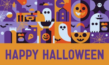 Modern geometrik Bauhaus desenli Cadılar Bayramı afişi. Cadılar Bayramı kutlamaları için yatay pankart. Festival, modern ve geometrik temalı tasarımlar için idealdir.