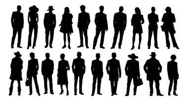 Çeşitli pozisyonlarda, ayakta durmak ve yürümek de dahil olmak üzere çeşitli sıradan iş adamlarının siluetleri. Beyaz arkaplanda tam boy siyah tek renkli vektör çizimleri.