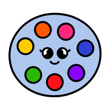 Beyaz arka planda pembe, mavi ve sarı renkler içeren yumuşak pastel tonlu Kawaii renk paleti düzenlenmiştir. Sevimli ve estetik tasarım elementi.