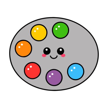 Beyaz arka planda pembe, mavi ve sarı renkler içeren yumuşak pastel tonlu Kawaii renk paleti düzenlenmiştir. Sevimli ve estetik tasarım elementi.