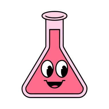 Kawaii okulu laboratuvar matarası çizimi. İçi sıvı dolu, beyaz arka planda izole tatlı, gülümseyen bir kimya şişesi. Bilim, eğitim ve okul tasarımları için mükemmel.