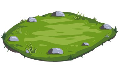 Çimen ve taşlarla kaplı manzara, doğa ve ormanların elementi. Düz çizgi film çizimleri arka planlar, çimenler ve orman tasarımları için idealdir. Platformlar ve çevre projeleri için mükemmel