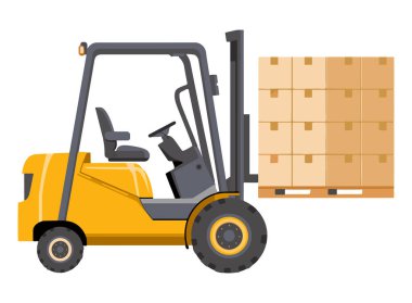 Forklift kamyonu büyük kutuları kaldırıyor. Lojistik, teslimat ve depo ekipmanlarını temsil eden düz stil vektör çizimi. Depolama, ulaşım ve endüstriyel temalı tasarımlar için ideal