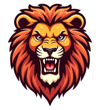 Aslan suratlı logo tasarımı. Bir aslan başı ambleminin vektör çizimi, spor ve e-spor takımları ve tişört tasarımları için mükemmel. Cesur ve sert, rekabetçi markalaşma için ideal..