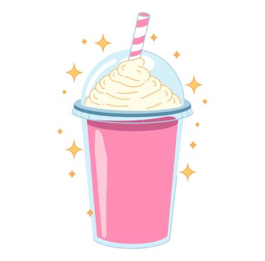 Taze milkshake, süt ürünlerinin karikatür ikonu. Tatlı menüleri, gıda projeleri ve promosyon malzemeleri için vektör çizimi ideal. Tatlı ve ferahlatıcı temalar için mükemmel