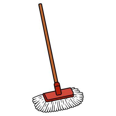 Tahta bir sopayla paspasın renkli vektör çizimi. Temizlik ve hijyen için ev temizleme aleti. Detaylı lifler ve sağlam bir sapı var. Beyaz arkaplanda izole.