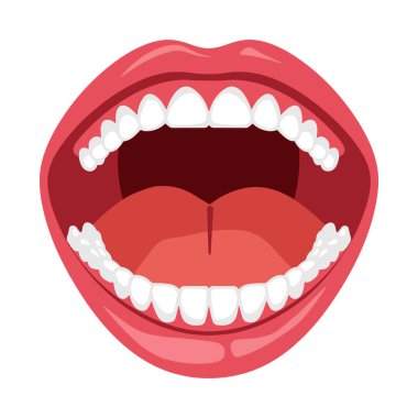 Ağız hastalığı ikon çizgi film taşıyıcısı. Boğaz ağrısı ve uvula tahrişi. Öksürük ve ağrı tedavisi için tıbbi sembol.