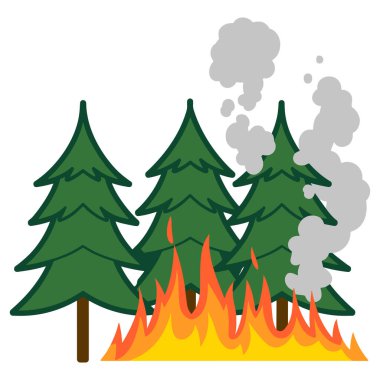 Orman doğal afet vektör illüstrasyonunu ateşliyor. Yanan ağaçlar ve manzara tahribatı, kuraklık ve felaketi temsil ediyor. Çevresel farkındalık ve felaket temaları için ideal.