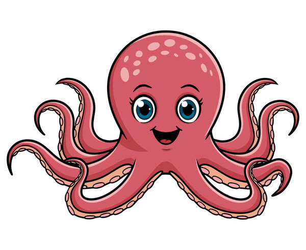 Иллюстрация из розового опуса с симпатичным и дружелюбным дизайном. Простой мультяшный стиль с округлыми щупальцами и выразительными глазами. Векторная иллюстрация на белом фоне.