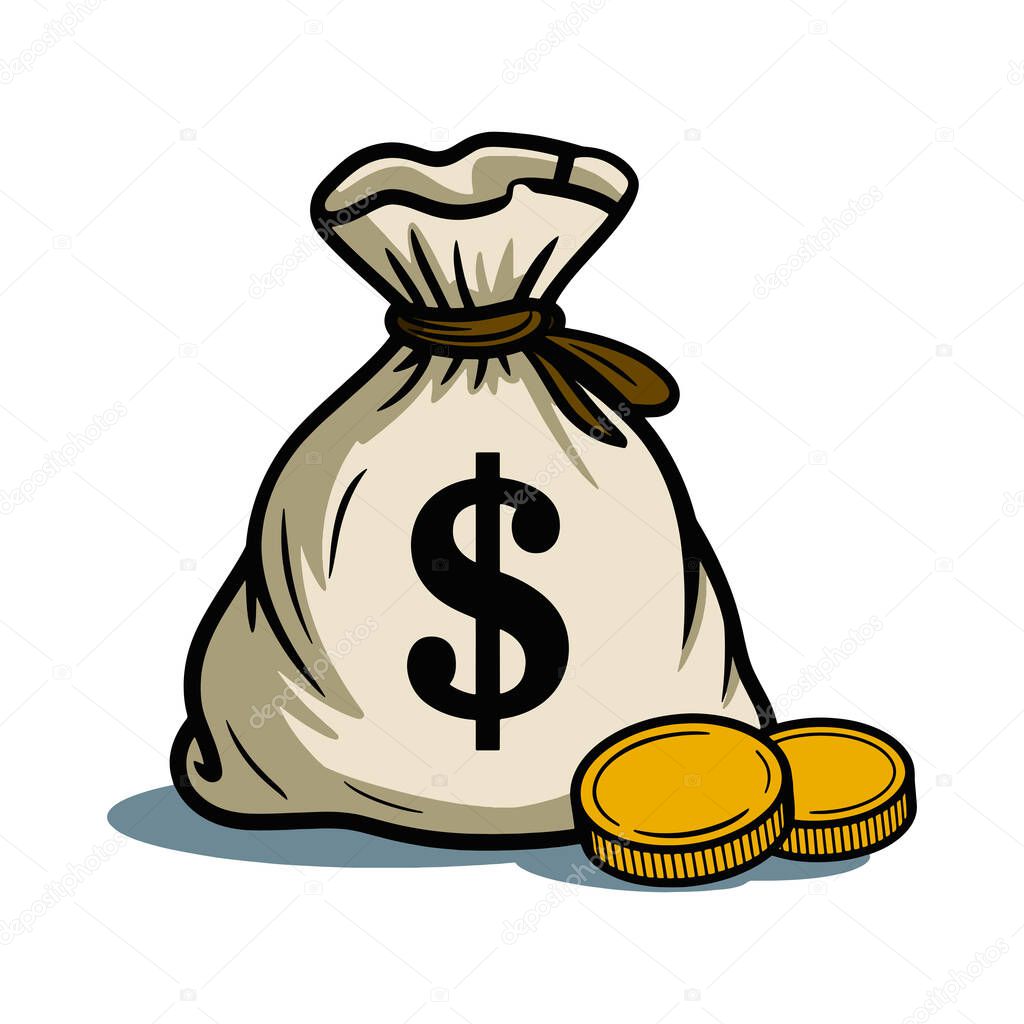 Cartoon illustration of a money bag with coins. A cute and vibrant design featuring a sack filled with gold coins, symbolizing wealth and savings. Vector illustration.