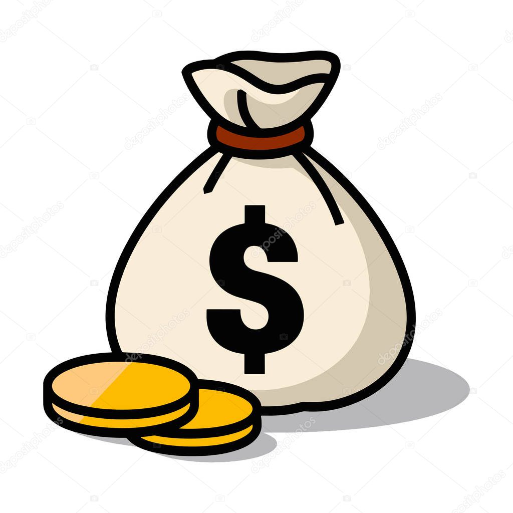 Cartoon illustration of a money bag with coins. A cute and vibrant design featuring a sack filled with gold coins, symbolizing wealth and savings. Vector illustration.