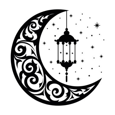 Ramazan Kareem tasarımı. Hilal şeklinde bir ay ve asılı fenerler. Şenlikli selamlar için zarif bir İslami madalya. Düz vektör çizimi beyaz üzerine izole edildi.