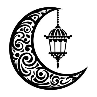 Ramazan Kareem tasarımı. Hilal şeklinde bir ay ve asılı fenerler. Şenlikli selamlar için zarif bir İslami madalya. Düz vektör çizimi beyaz üzerine izole edildi.